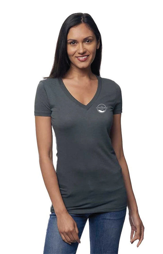 The Good People Farms | Charcoal Gray Hemp V Neck | Embroidered Shirt